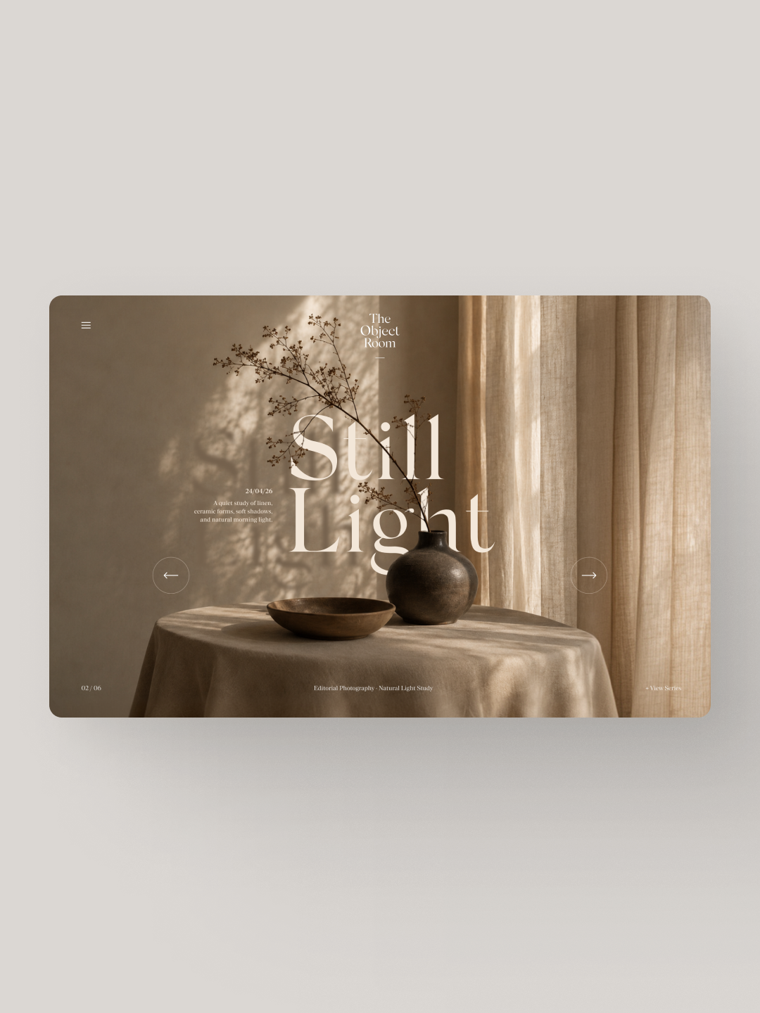 A still life image of a table with a vase, bowl, and dried flowers in front of beige curtains, with the text 'Still Light' overlayed.