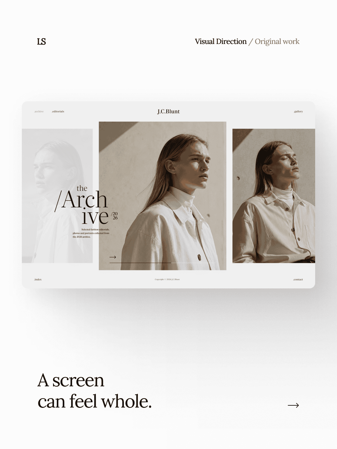 A webpage layout with a central portrait of a woman in a white shirt, surrounded by grey and white design elements and text.