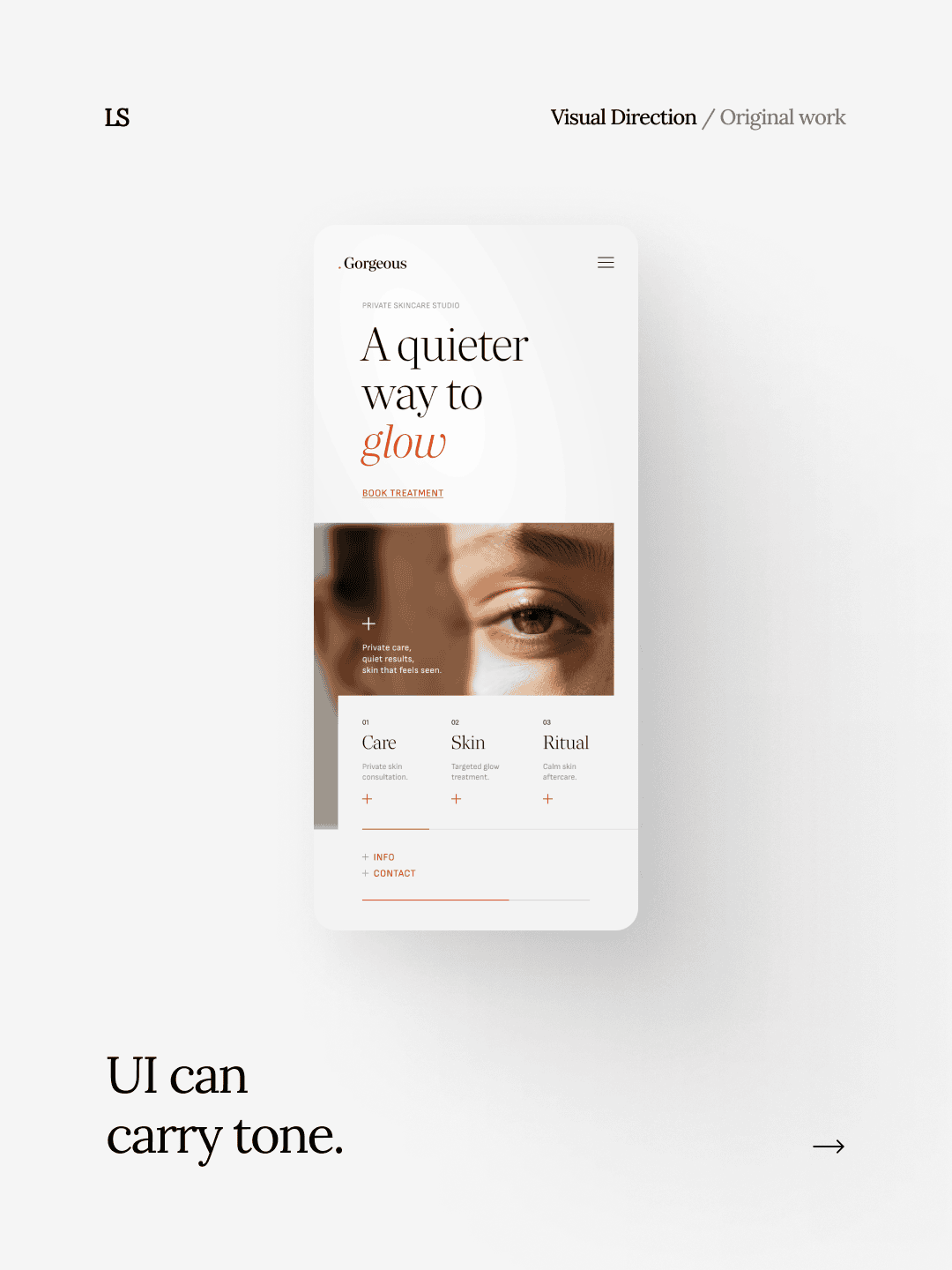Mobile phone screen displaying a skincare app with a close-up of an eye and menu options for Care, Skin, and Ritual.