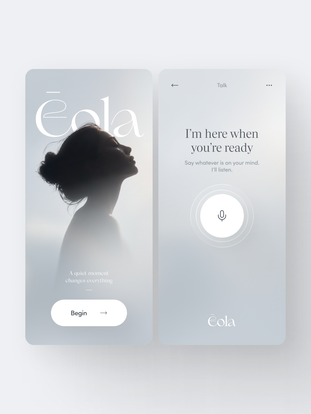 Silhouette of a woman with her hair in a bun next to a mobile app screen with a microphone icon and text about listening.