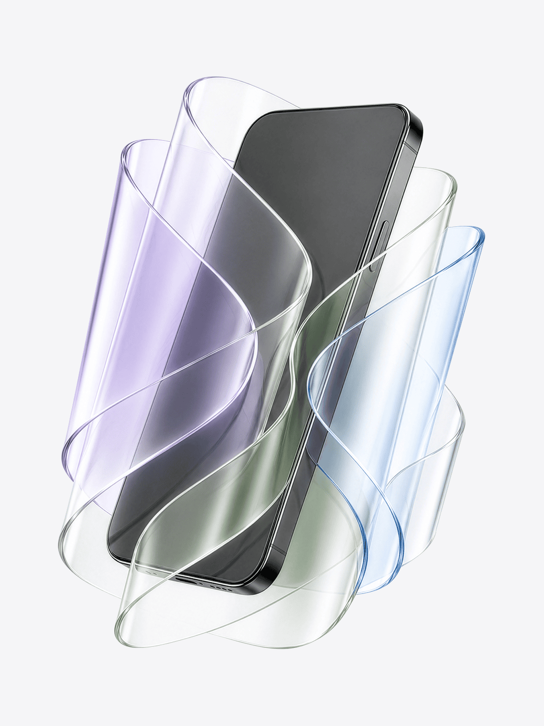 A smartphone surrounded by transparent, coloured screen protectors in purple, green, and blue.