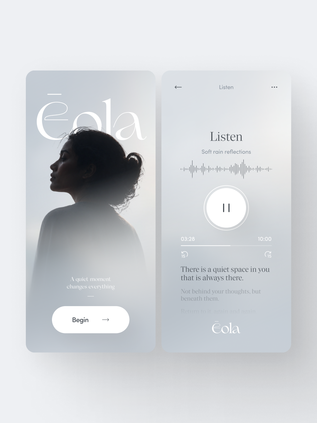 Silhouette of a woman with a mobile phone displaying a music app with a 'Listen' screen and a 'Begin' button.
