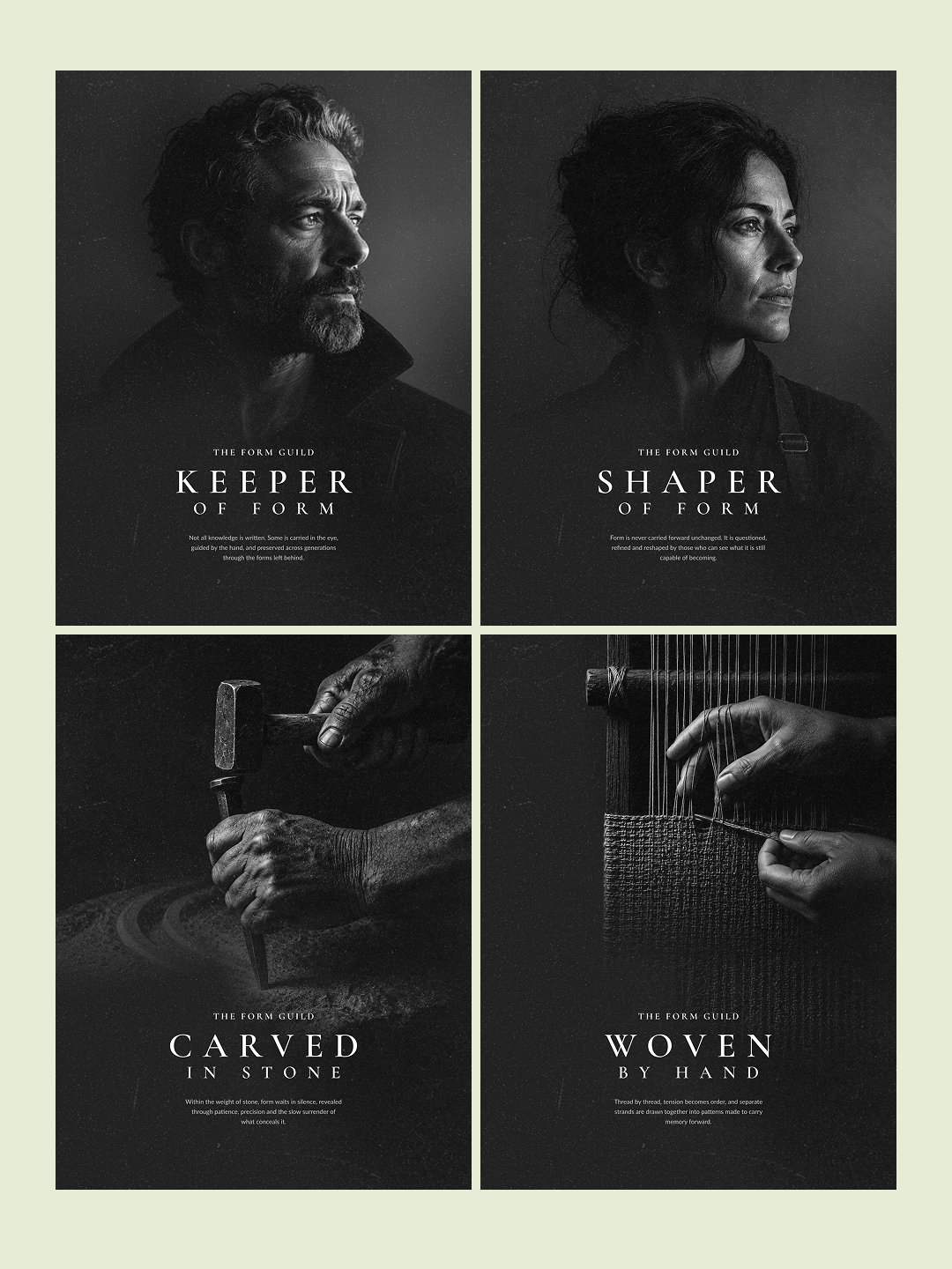 Four black-and-white posters showing a man and woman with text about form, and images of handcrafting and weaving.