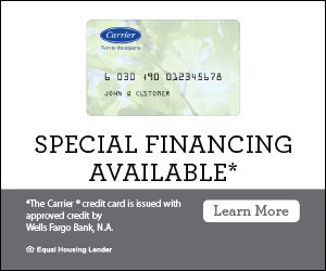 Ad for Carrier credit card highlighting "Special Financing Available" and a "Learn More" button; explore flexible finance options. Card issued by Wells Fargo Bank, N.A.
