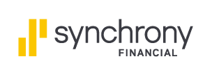 Synchrony Financial logo with three stacked yellow bars on the left and "synchrony FINANCIAL" in black letters to the right, highlighting their flexible finance options.