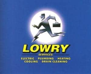 Logo for Lowry Services featuring a running figure with a briefcase in front of a white circle, with text: "Electric, Plumbing, Heating, Cooling, Drain Cleaning" on a blue background.