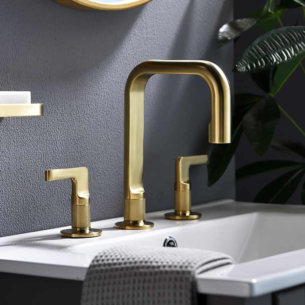 Brushed gold widespread bathroom sink tap with knurled - B072 04 30 1 - 1