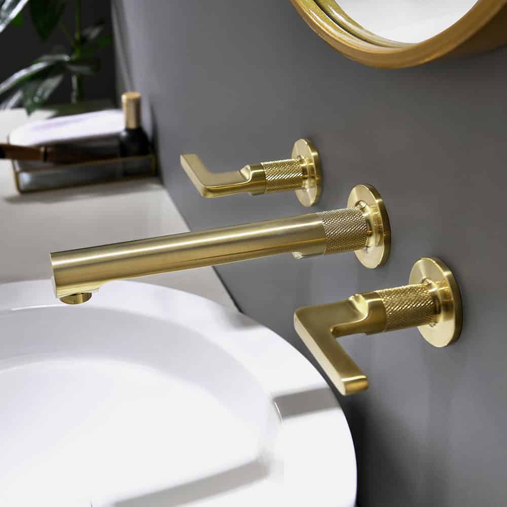 Brushed gold wall mounted bathroom sink tap with knurled - B072 06 30 1