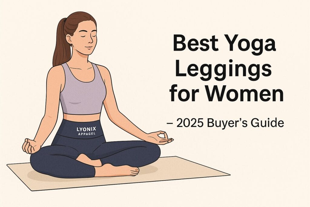 Woman wearing high-waisted navy blue yoga leggings on yoga mat by Lyonix Apparel
