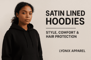 Stylish satin lined hoodie by Lyonix Apparel—interior satin lining visible, protecting natural hair and providing luxury comfort.