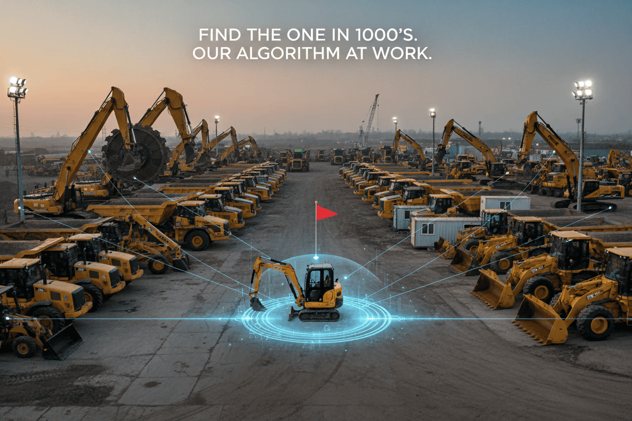 Heavy machinery yard with rows of excavators, loaders and dump trucks as a digital search algorithm highlights one machine – illustrating how buyers can find the exact equipment on Machines Online Australia