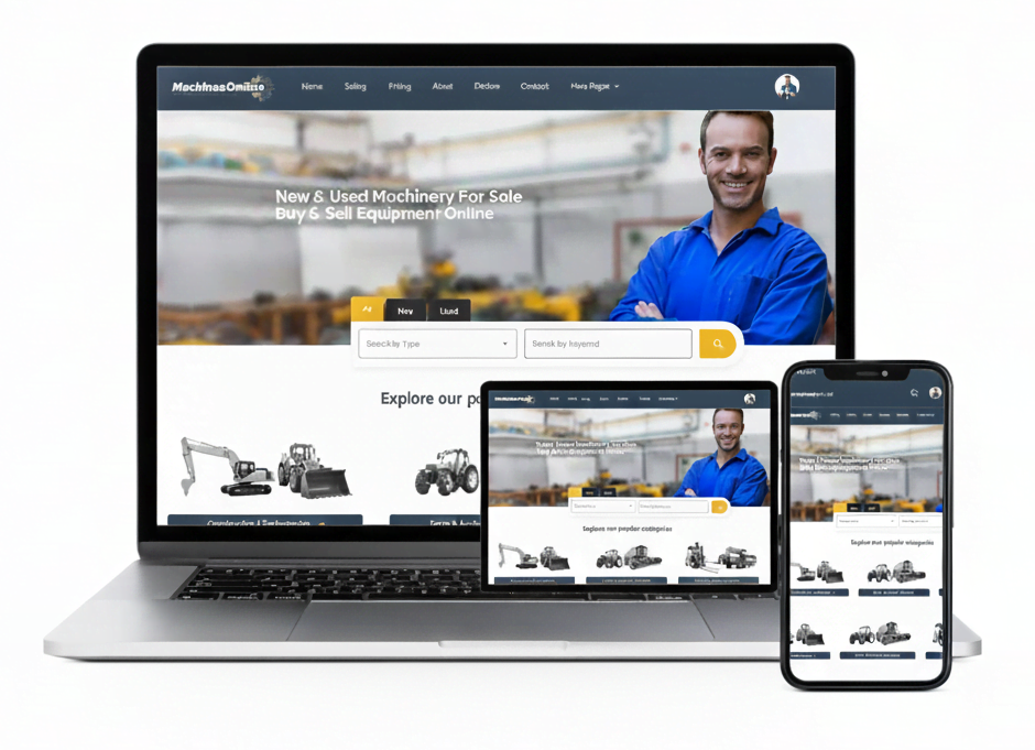 Machinery marketplace website shown on laptop, tablet and smartphone for selling heavy equipment online