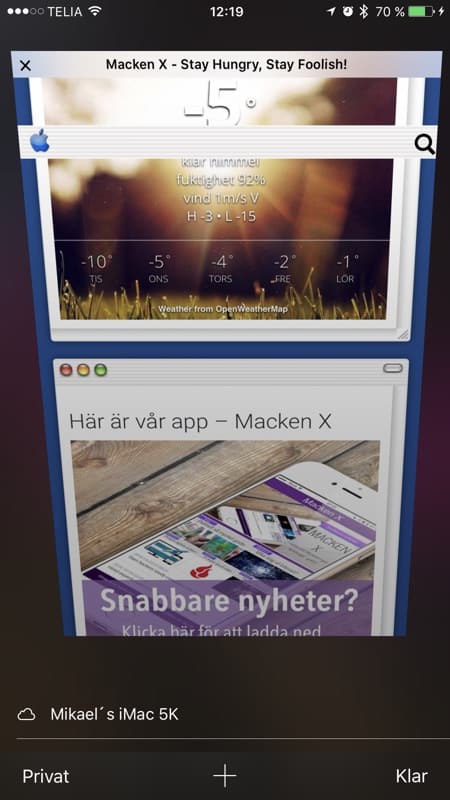 Tryck på plus i Safari så får du opp ett fönster med tabbar öppna i andra enheter