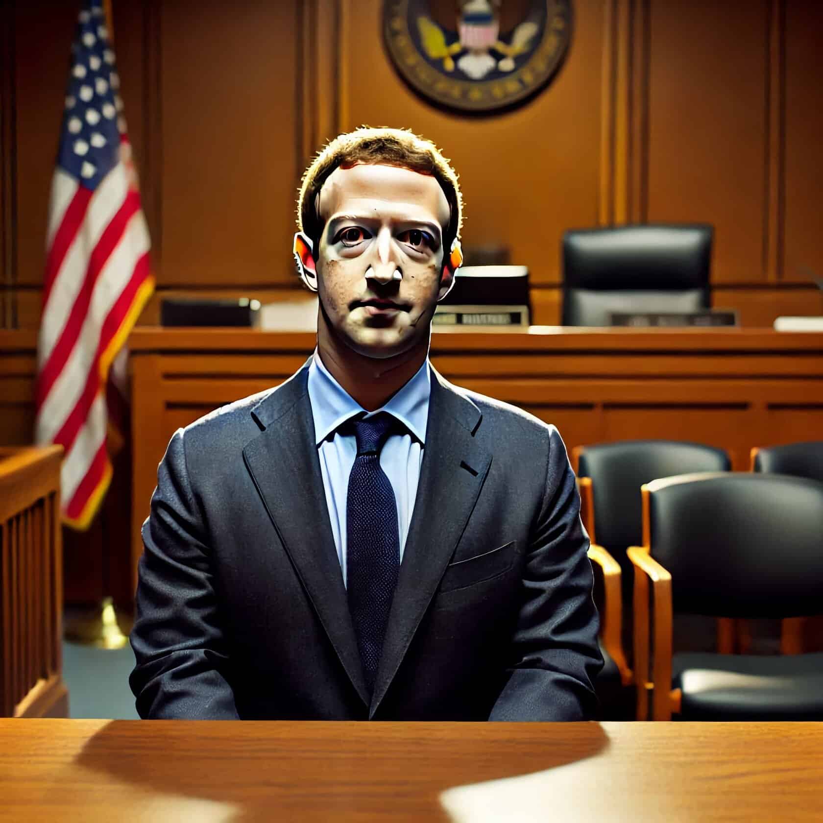 Mark Zuckerberg I domstol, i kostym (AI)