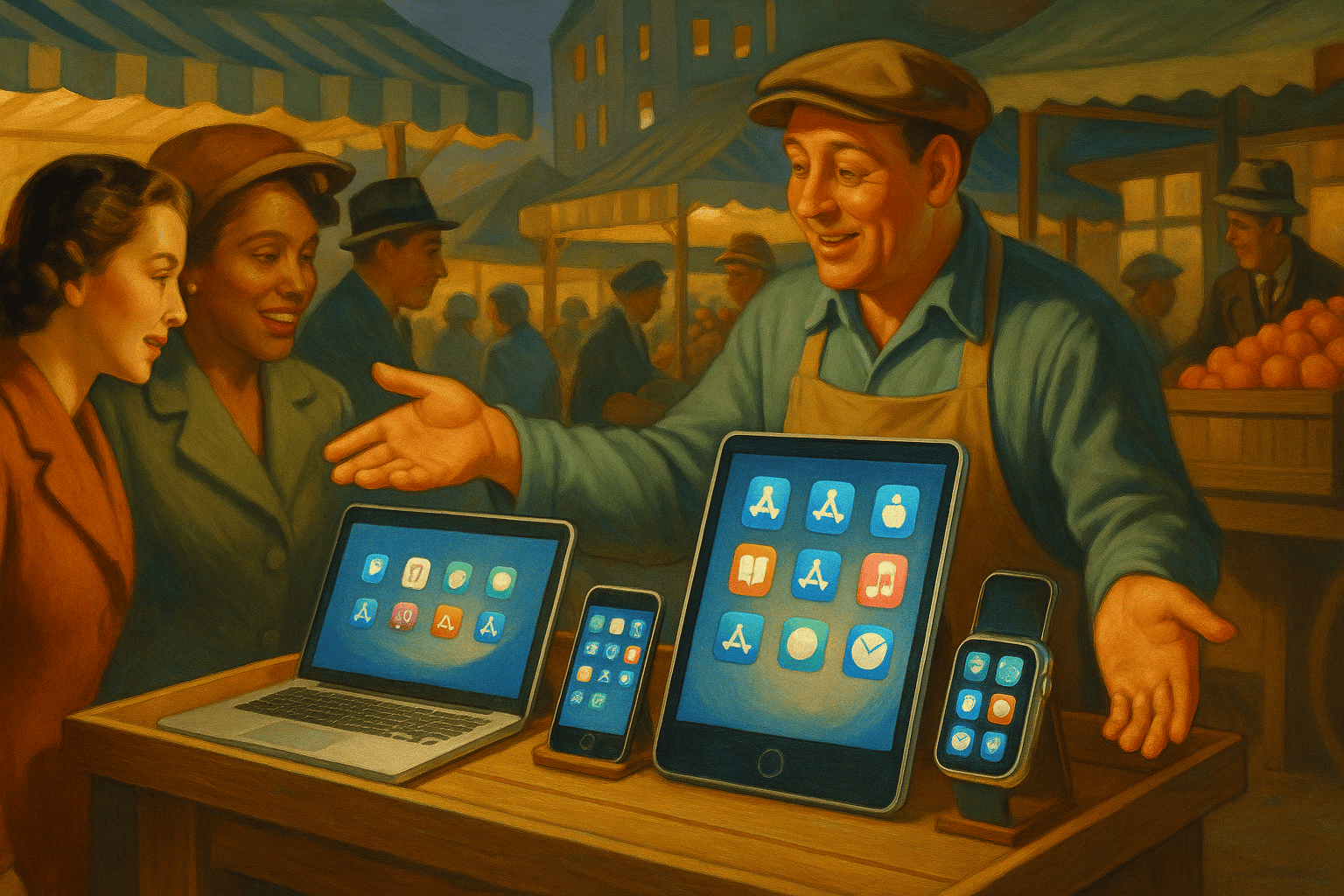 Smartphones, surfplattor och datorer på marknad, säljare demonstrerar digitala enheter, vintage marknad, teknik och elektronik, digitala produkter, köp och försäljning, Macken.