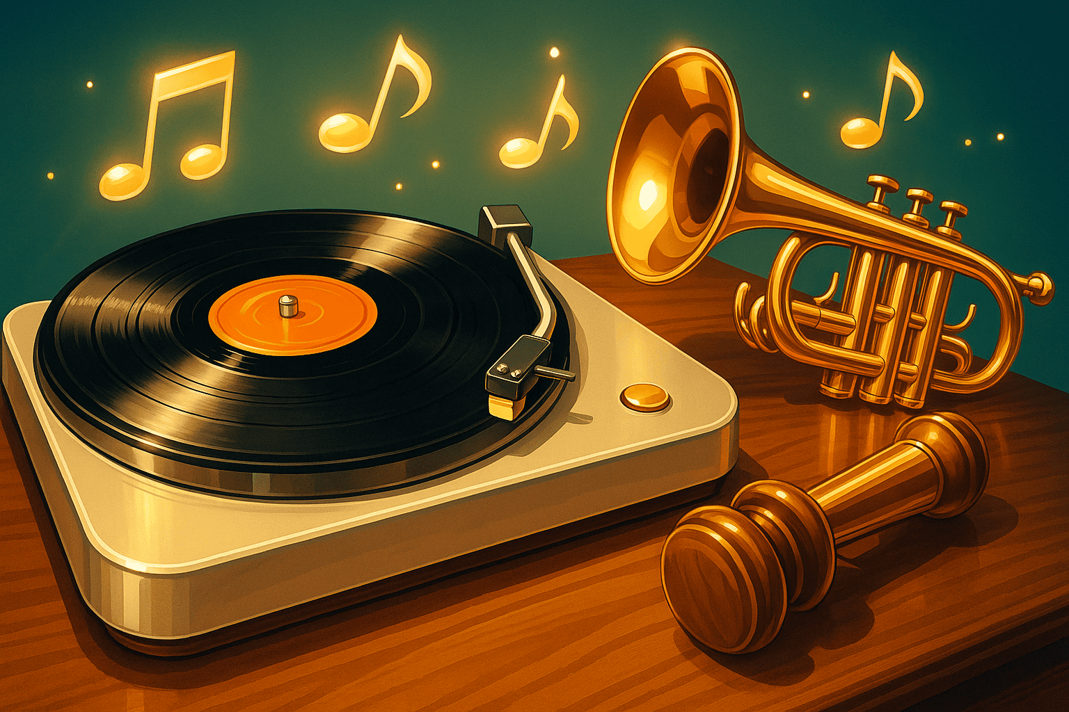 Vintage vinylskivspelare med trumpet och musiknoter, musikaliska dekorationer, musikentusiast, samlarobjekt, musikstil, retro musikutrustning, elegant musikdesign, musikutrustning för samlare, musikaffär, musikaffär Stockholm, musikentusiast, ljudteknik, högkvalitativa musikprodukter, Macken Musik.