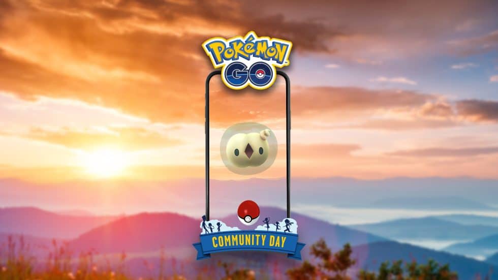 Pokémon GO Community Day event promoted by Magasin MACKEN with a sunset background, featuring a Pokéball and a Pokémon face on a mobile phone screen.