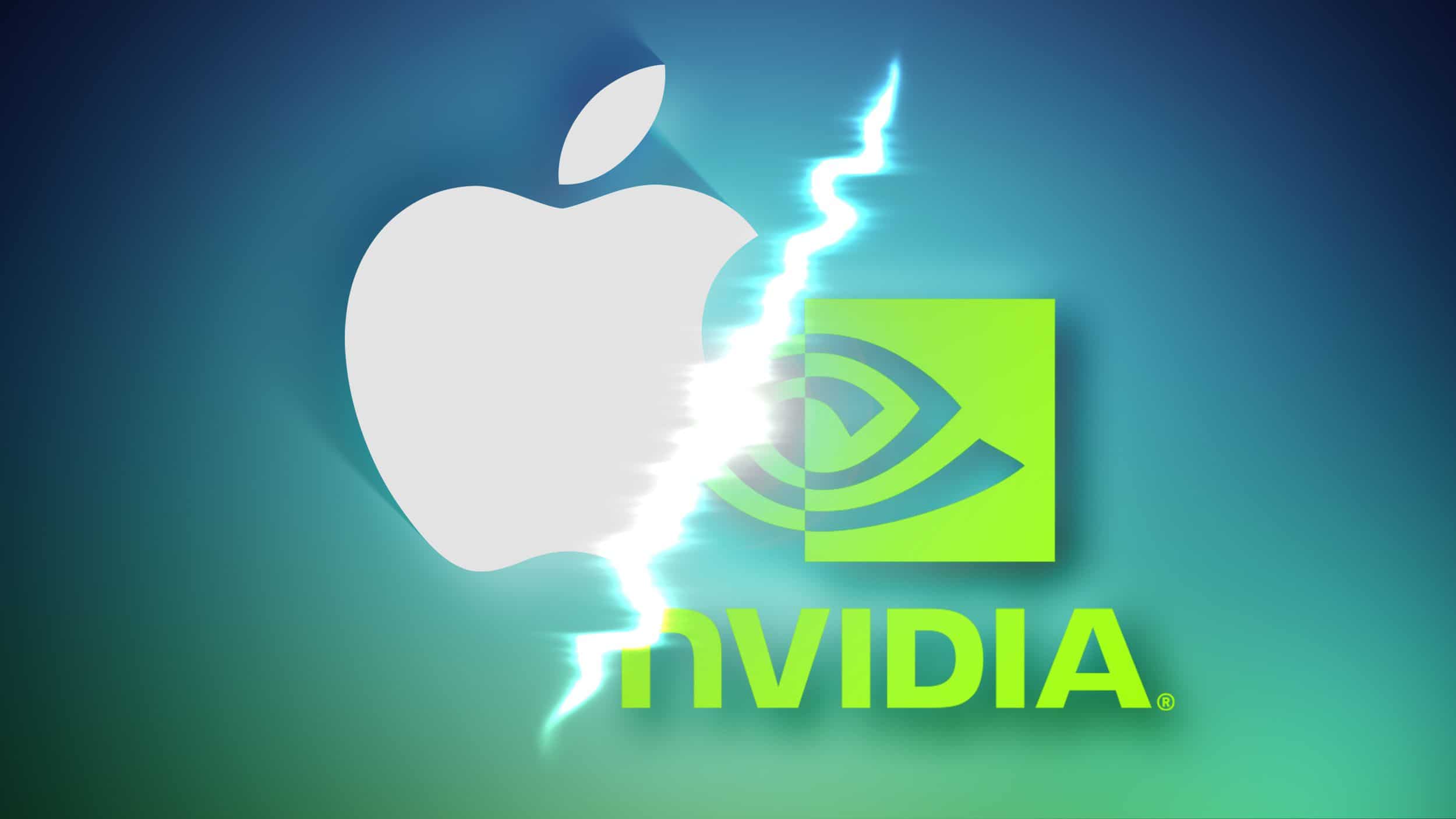 Apple-logga och Nvidia-logga med blixtmönster, symboliserar teknik och innovation.