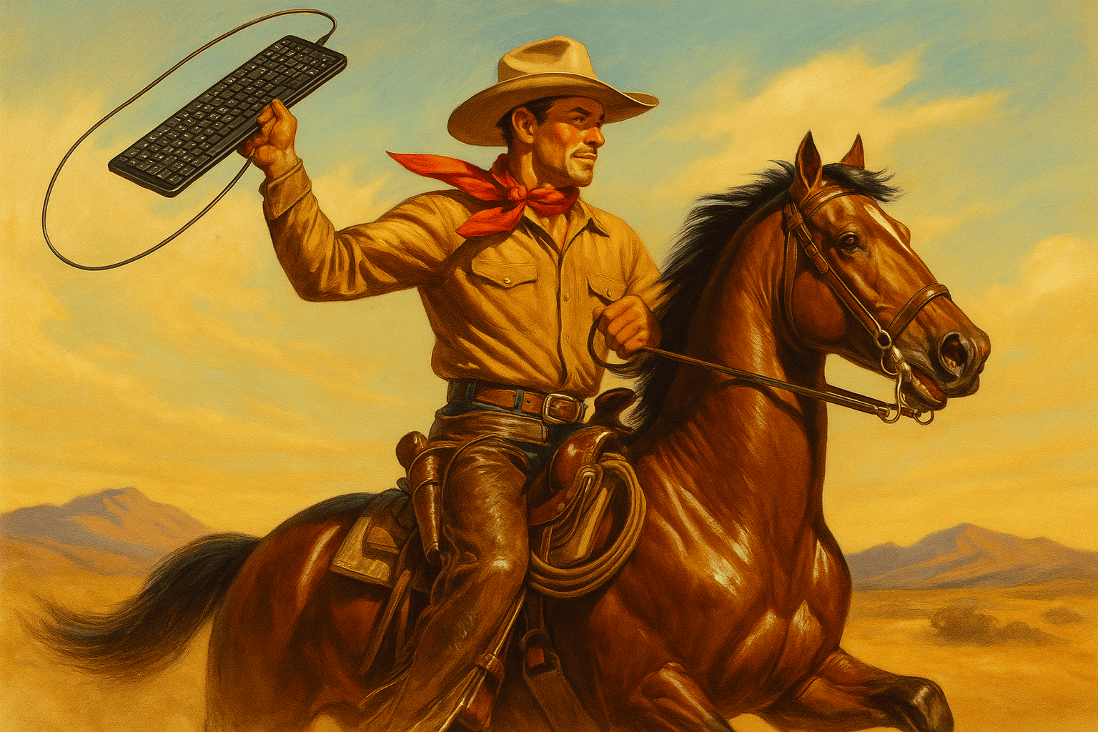 2. Alternativtext: Cowboy på häst håller upp ett tangentbord i en gul och blå ökenmiljö.