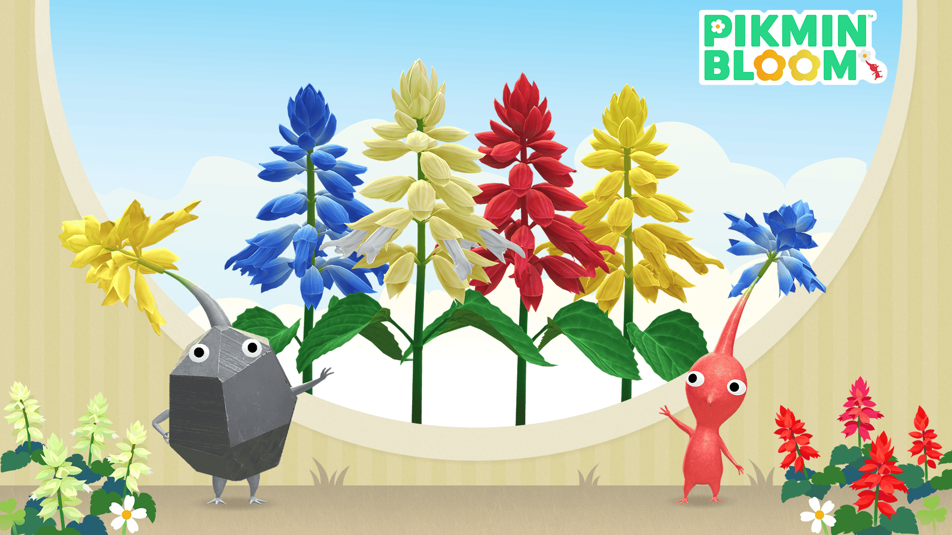 Pinkmin blommande växter i olika färger med tecknade karaktärer från Pikmin Bloom spelet, i ett soligt och färgglatt trädgårdslandskap.