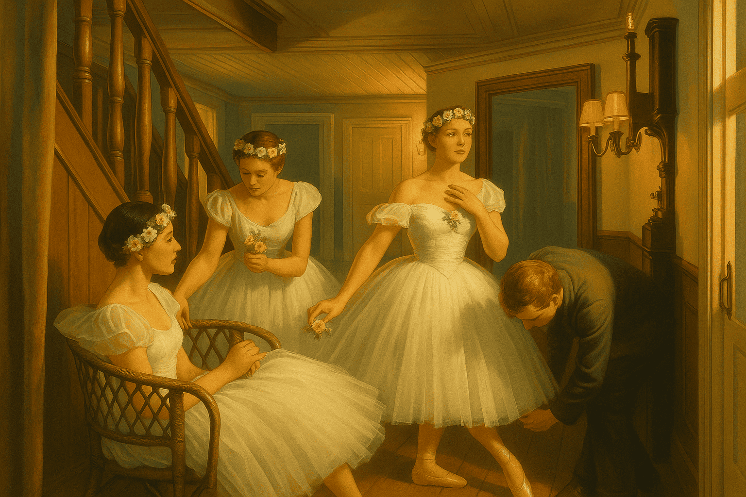 Magasin MACKEN, elegant ballettant backstage, kvinnor i vita danstillkläder med blomsterkrans, innemiljö med varm belysning, klassiskt dansarrangemang, ballettoutfit, kultur och konst, feminin estetik.