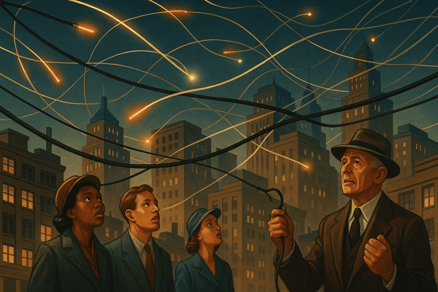 Fornybara energikällor och stadsbild med futuristisk teknik, mycket effektfull konstnärlig illustration av människor som tittar på lysande meteorer i nattlivet.