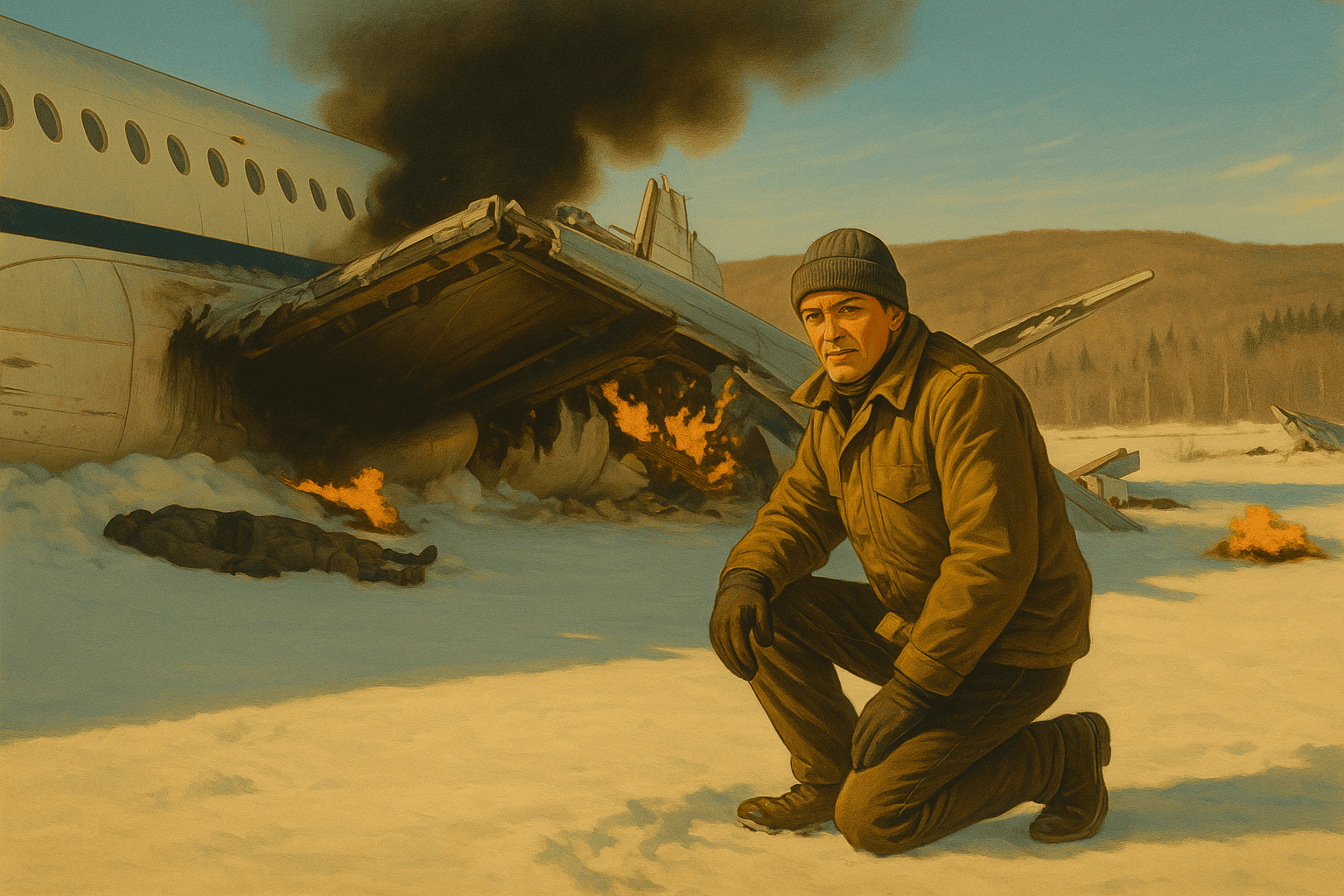 Flygplansolycka, brand, flygplanshavari, man i vinterkläder framför flygplansvrak, snöig terräng, katastrofbild.