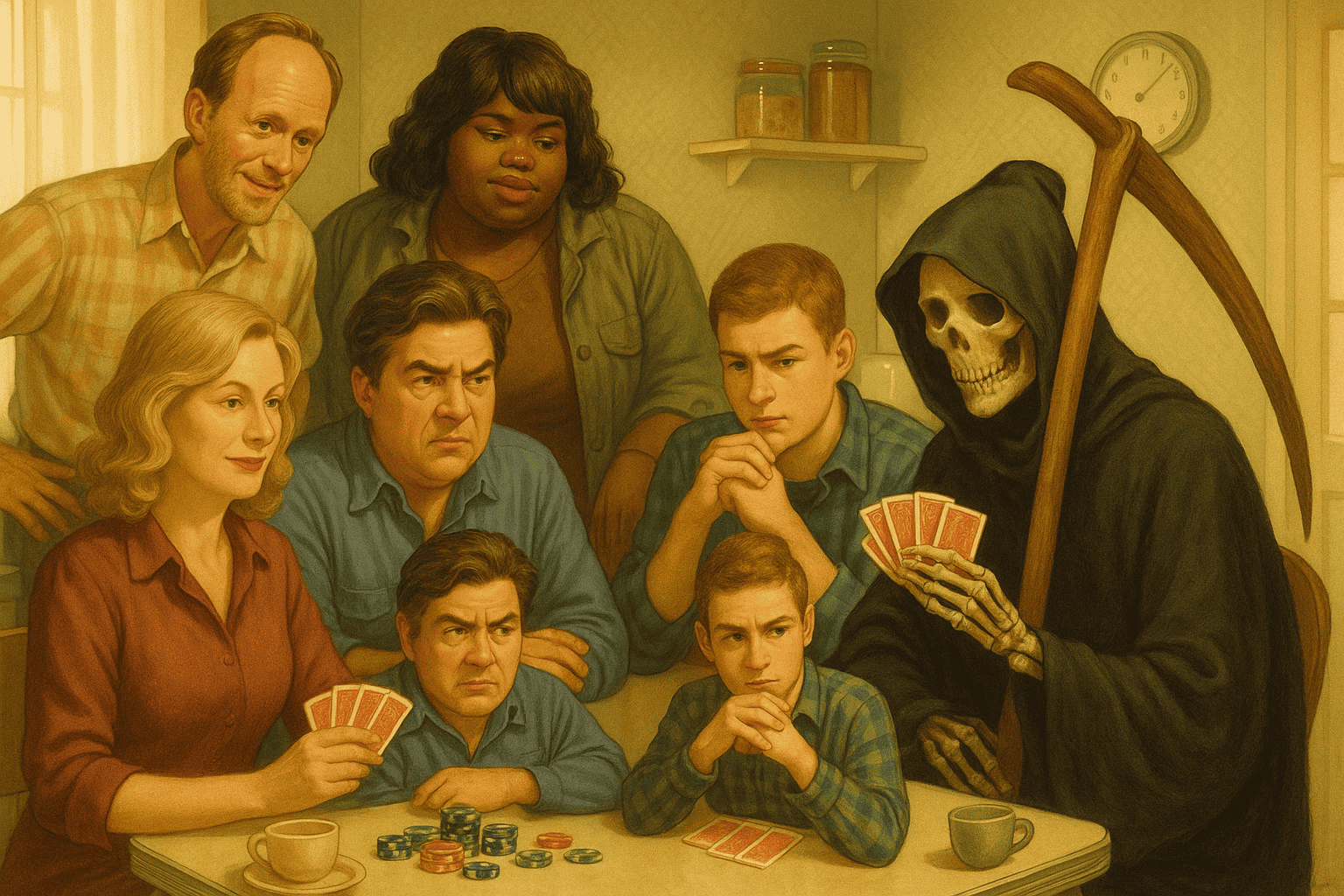 Auktionsbordszombiklädd spelande poker med ett benrangel i auktionsköpet, fokus på spännande spel, familj och humor, i en mysig atmosfär, svensk text.