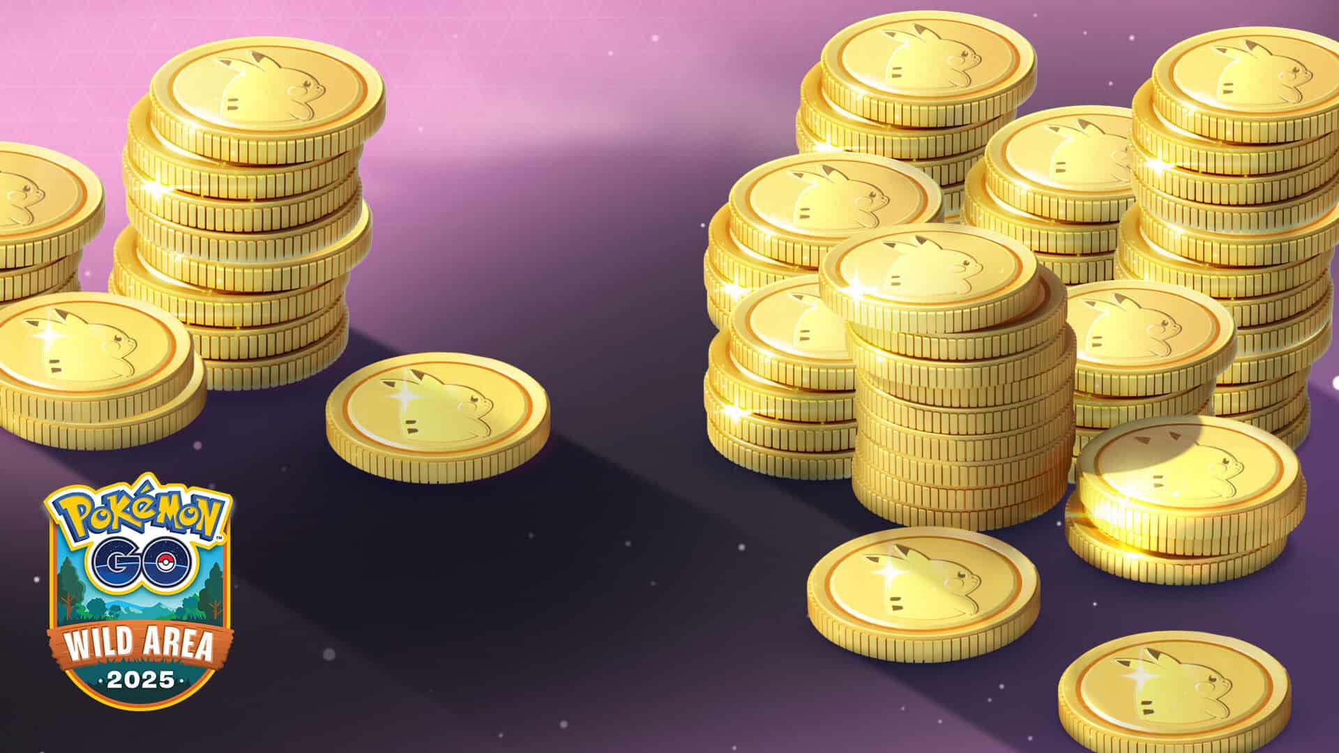 Gullmynt med Pokémon GO-logo, symboliserar speleventet Pokémon GO Vildmark 2025, som illustrerar digitala belöningar och samlarobjekt inom Pokémon-spel.