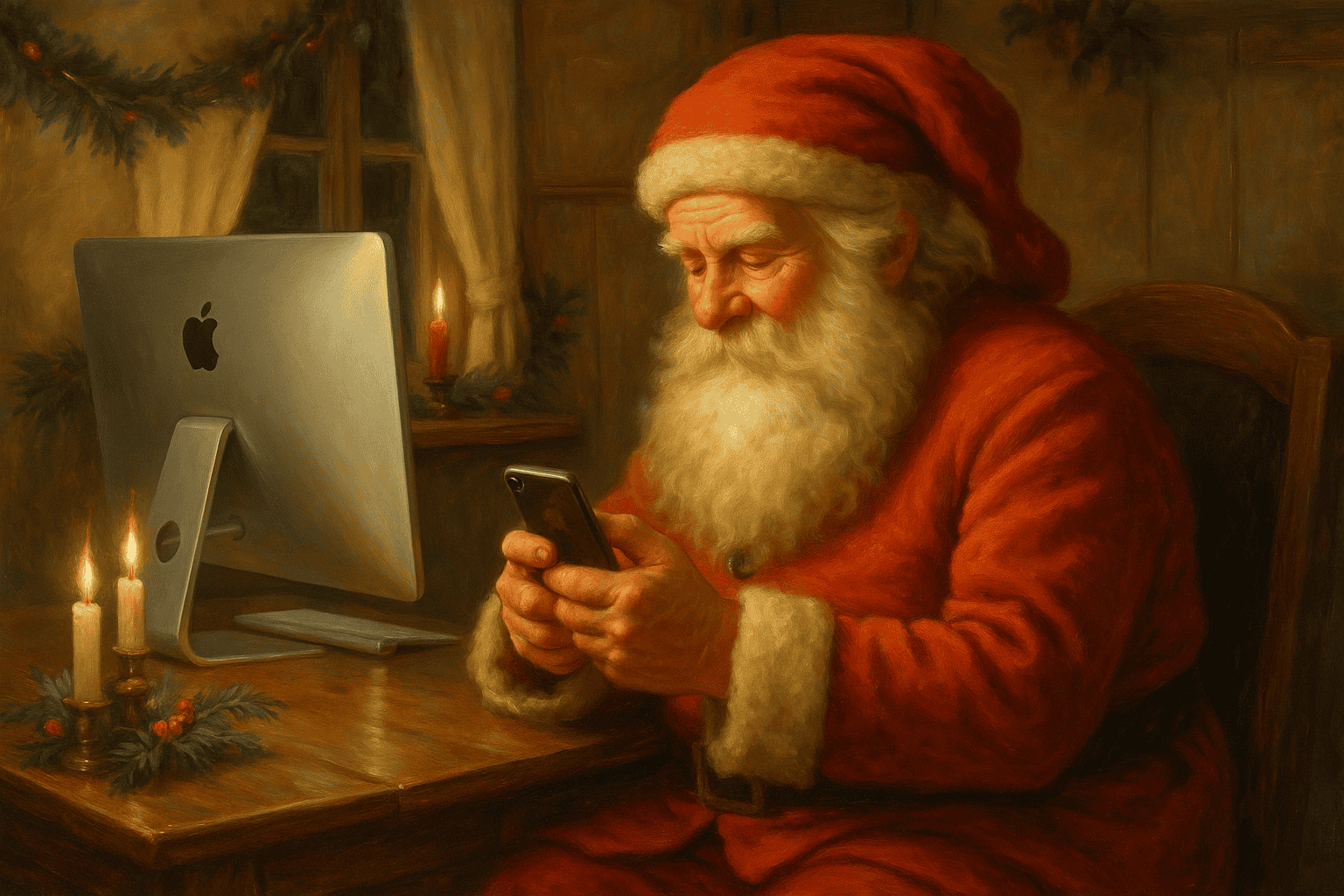 God jul! Tomte fixar julhälsningar på sin telefon framför dator i julpyntad miljö.