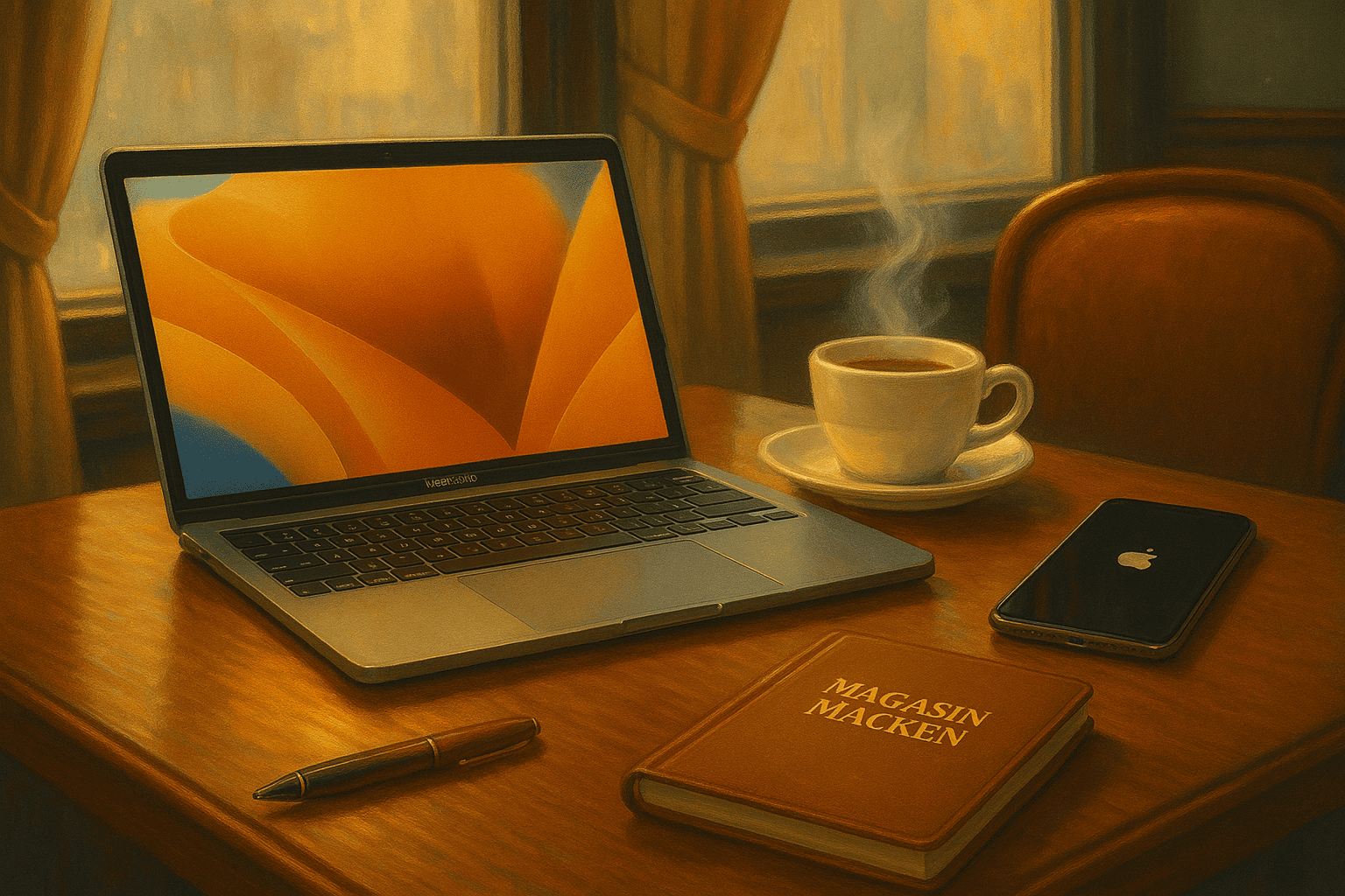 Elegant arbetsplats med MacBook, kaffe, iPhone och katalog från Magasin MACKEN på ett trävorsbord, perfekt för affärs- och fritidsanvändning i mysig miljö.