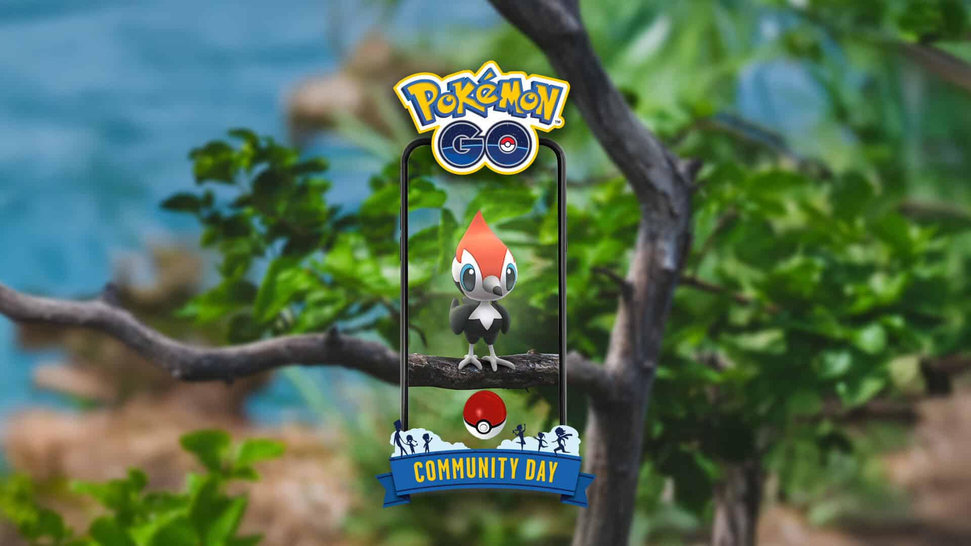 Pokémon GO AR-upplevelse på blommig trädgren under Community Day event, visande en unik hibrit Pokémon.
