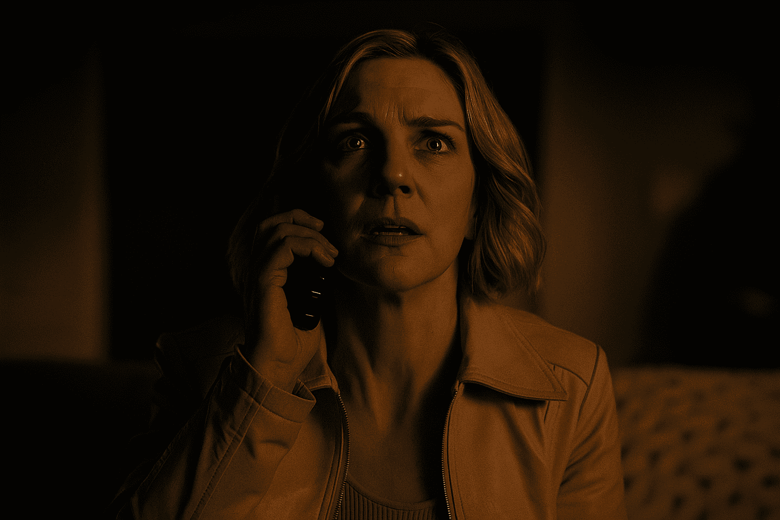 Telefon i telefonrör, kvinna i gul jacka, dramatisk scen, mörk bakgrund, spänning, Hollywood filmstil.