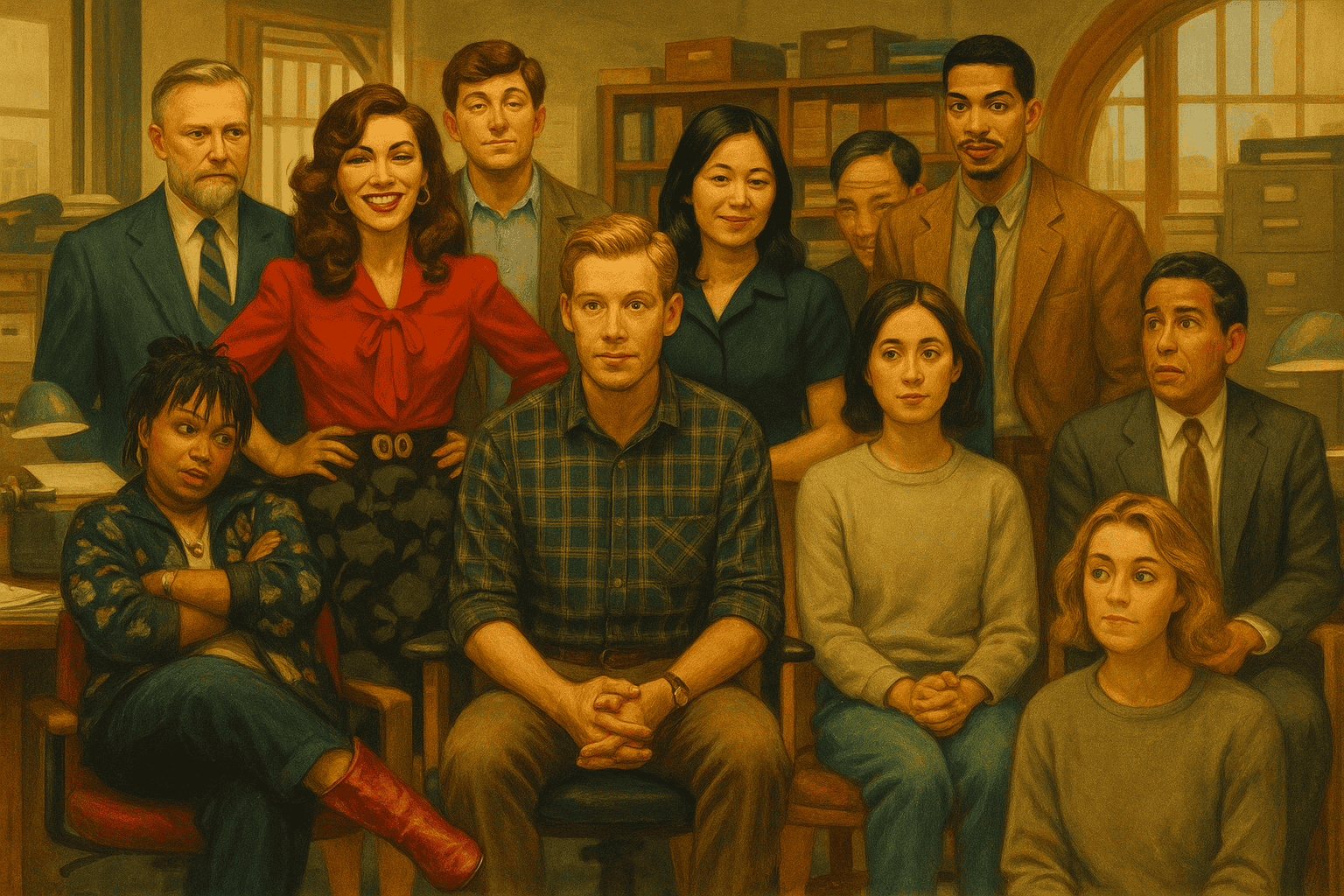 Ansikte av en grupp människor i ett bibliotek eller kontorsmiljö, porträttstil, fokus på samvaron och det professionella sammanhanget, varmt ljus, realistisk målningstil, digital konst, hög detaljnivå, färgglad, inspirerande, historia, kultur, arbetsmiljö, gruppbild.