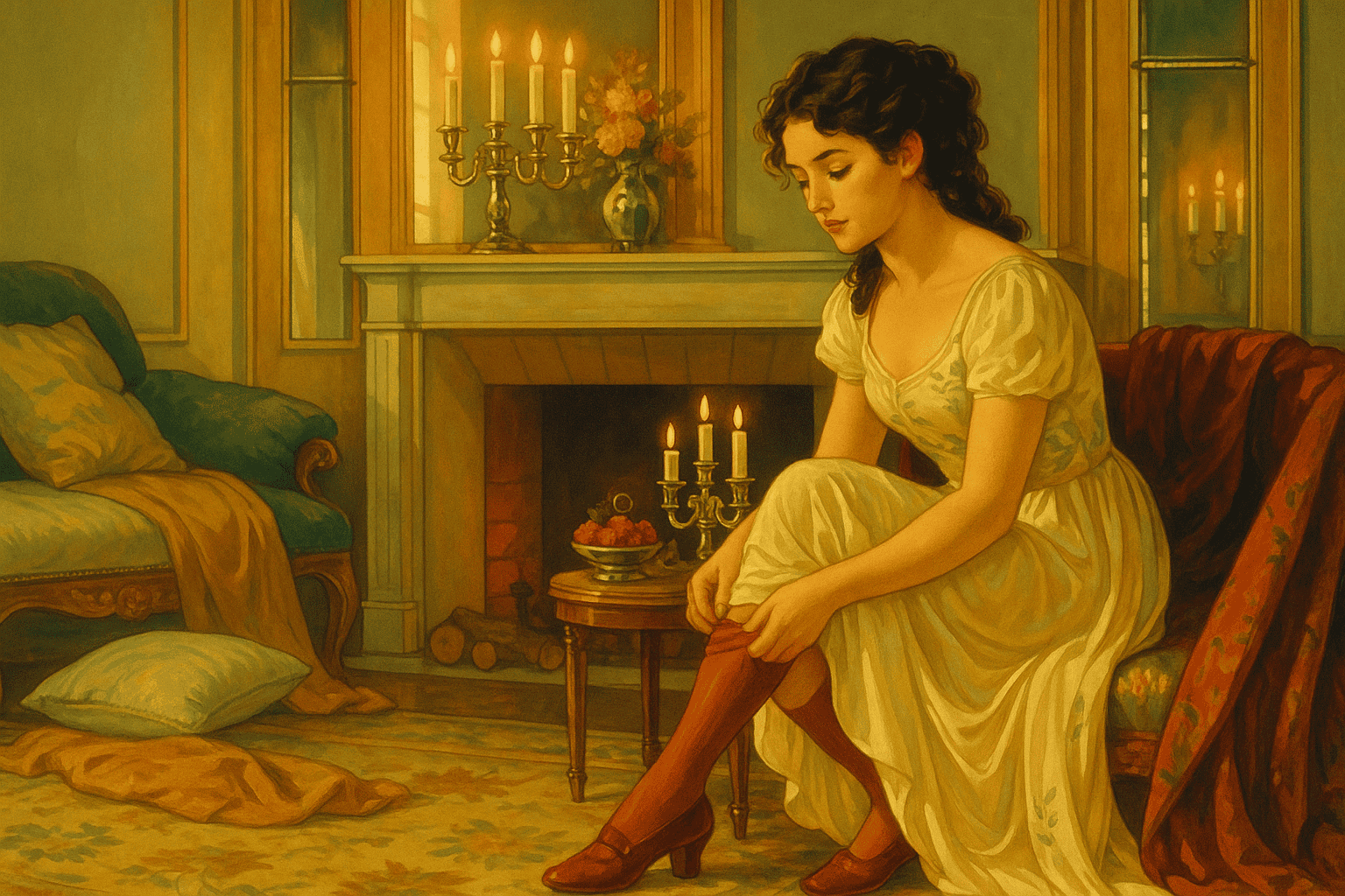 En konstnärlig bild av en kvinna i en gul klänning som sitter i ett mysigt vardagsrum med gammaldags inredning, tända ljus och en varm atmosfär. Perfekt för inredning, hem och livsstil.