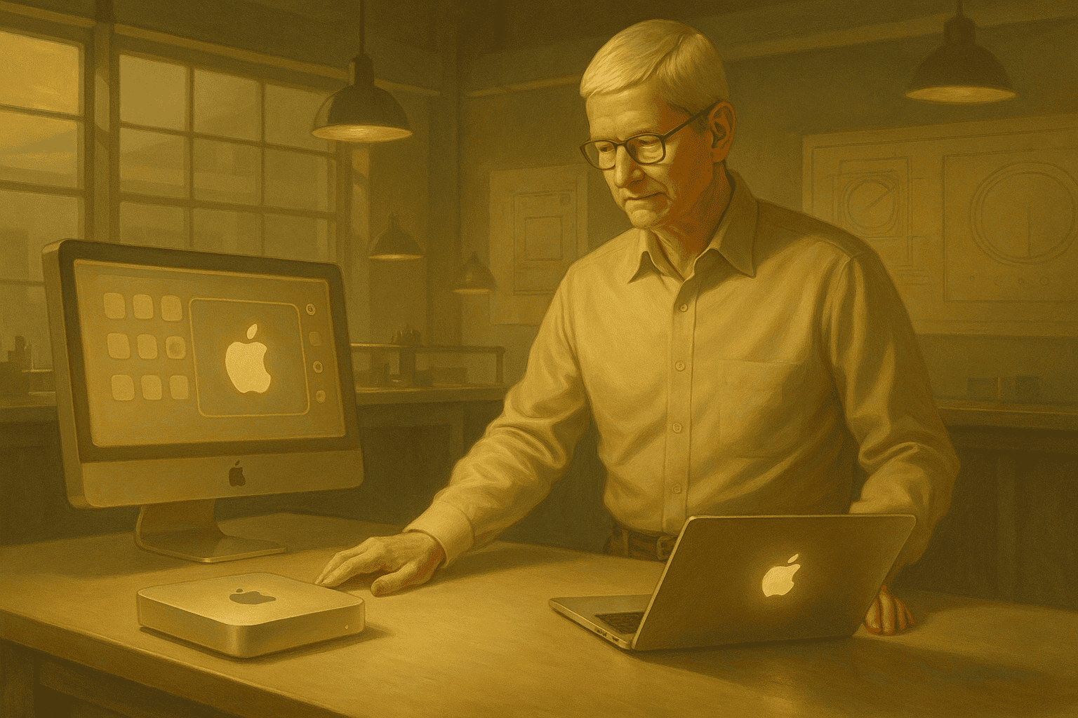 Apple-märke på dator, Mac och laptop i ett inspirerande teknikmiljö, visar en äldre man som använder moderna digitala enheter, perfekt för teknik- och elektronikrelaterad SEO på Macken.