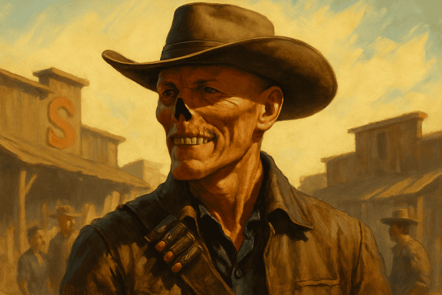 En målat bild av en man i cowboyhatt, med ett skallemönster i ansiktet, i en gammal stadsmiljö, med ett dystert historiskt tema.