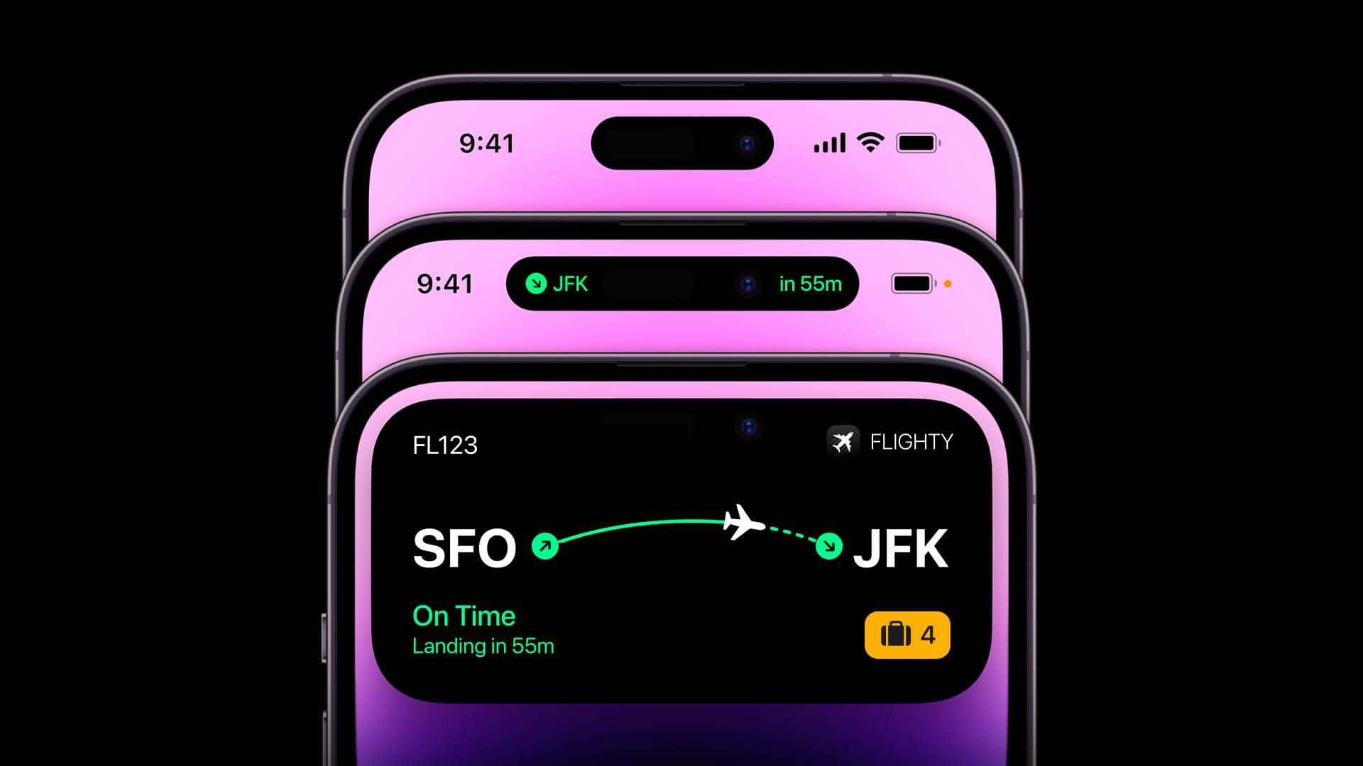 Navigationsbild av mobiltelefon med flygplans- och reseuppdateringar för flyg till JFK.