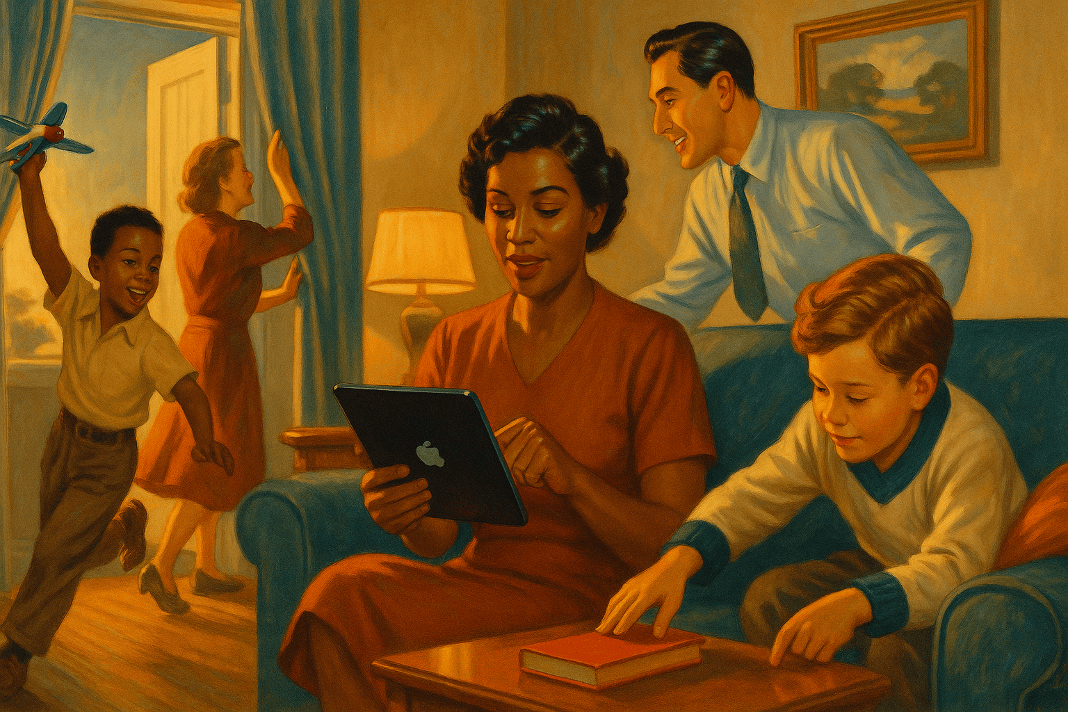 En värmande bild av en familj i vardagsrum, där modern använder surfplatta medan barn leker och familjen njuter av en trevlig stund tillsammans, perfekt för att marknadsföra familjeprodukter och heminredning.