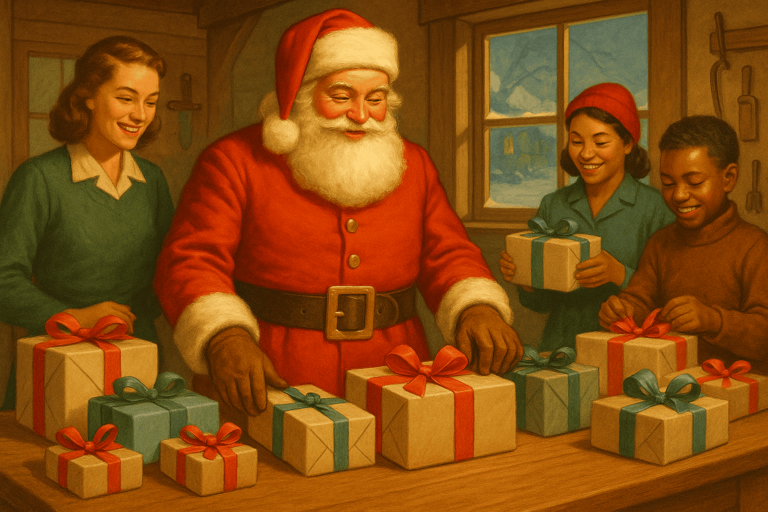 Glad jultomte med våra julklappar, för barn och familj, i en traditionell julshop - skapad för att inspirera julkänsla och familjeglädje.