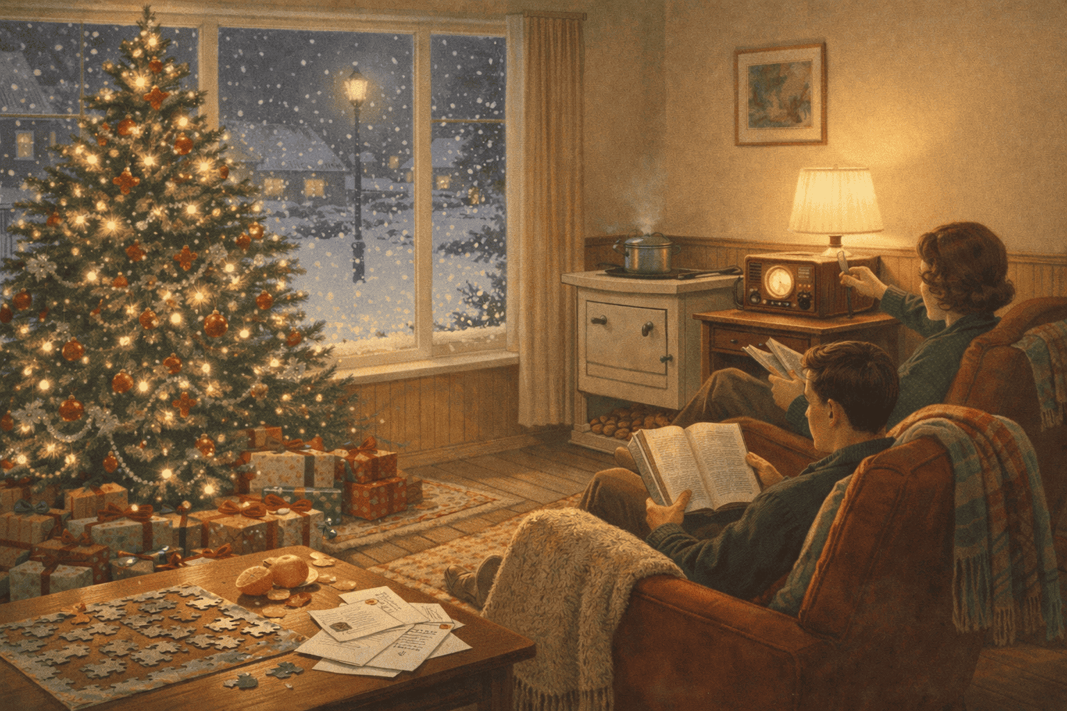 Julgran dekorerad med ljus och julgranspynt i ett mysigt vardagsrum.