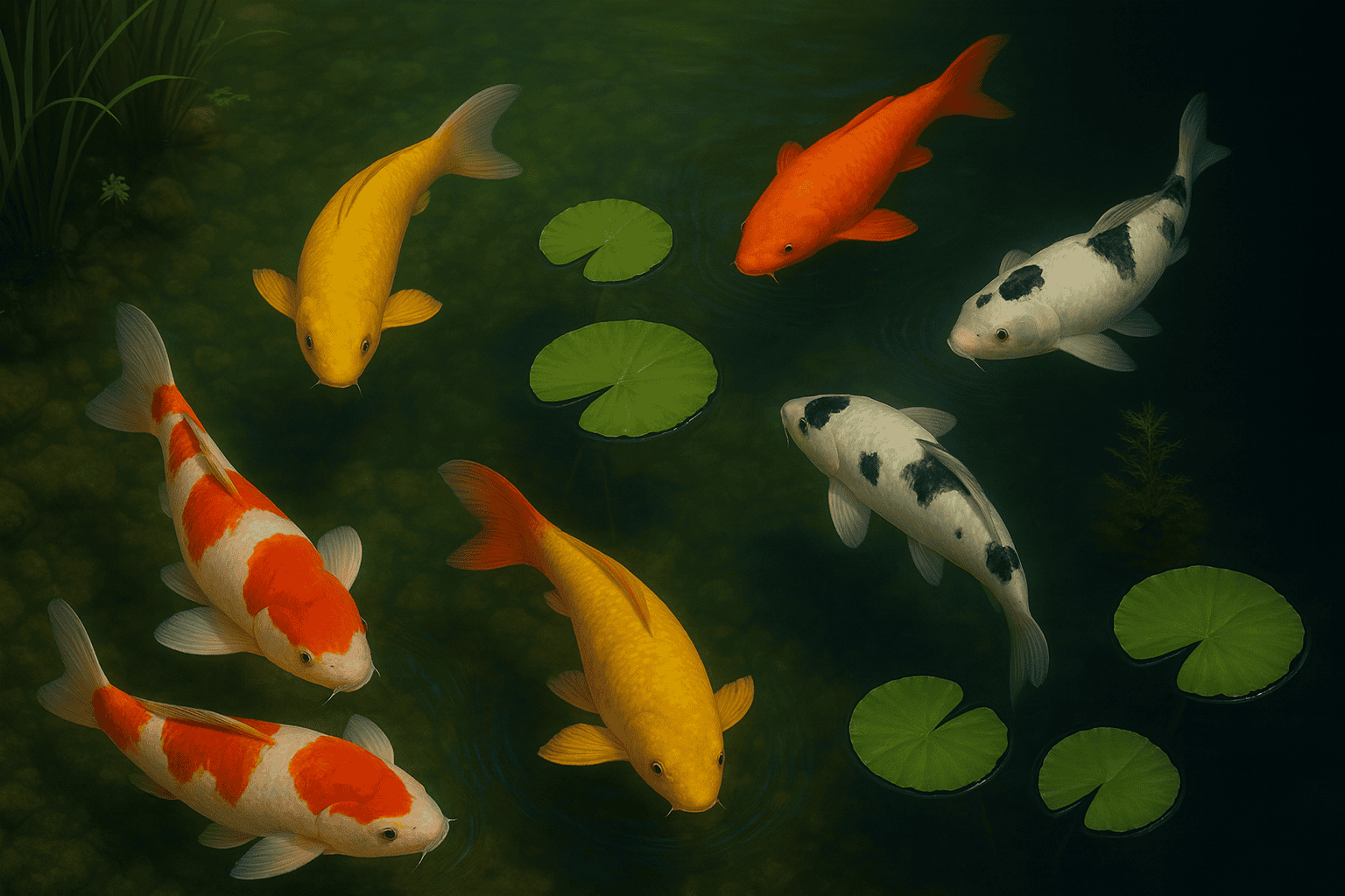 Koi-karpar simmar bland näckrosblad i ett dimmigt akvarium. Färgglada fiskar i nyanser av gult, orange och vit med svarta mönster, omgivna av gröna vattenväxter, skapar en lugn och harmonisk vattenmiljö.