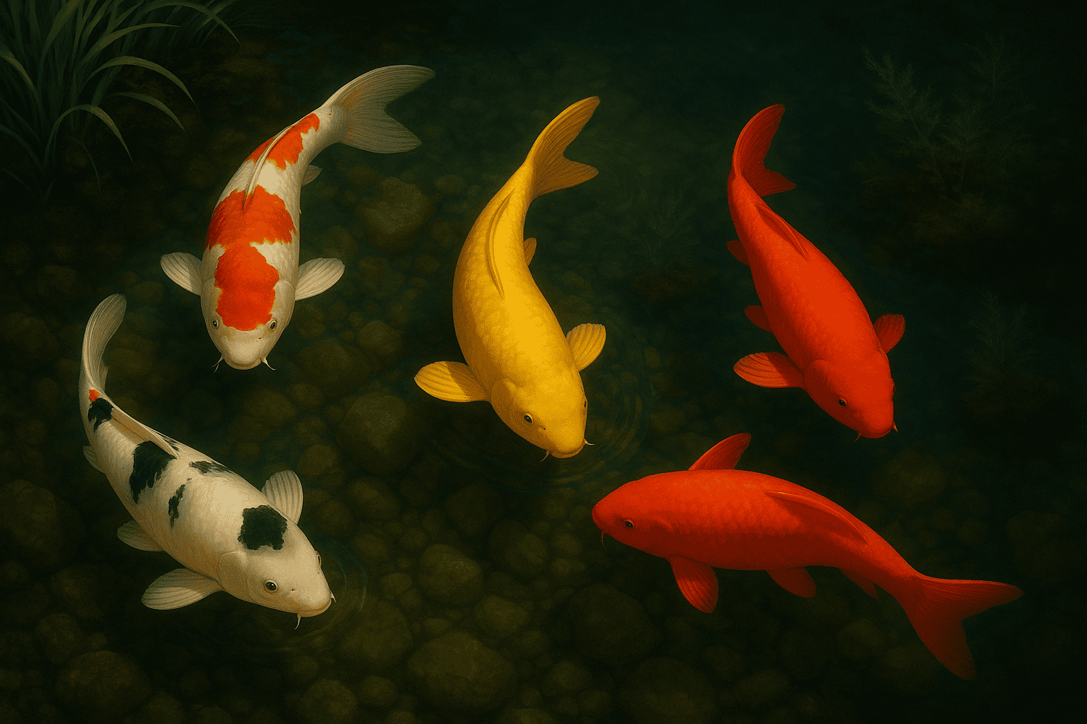 Akvariefiskar i olika färger - Koi, guld- och lakfiskar för dekoration och pond.