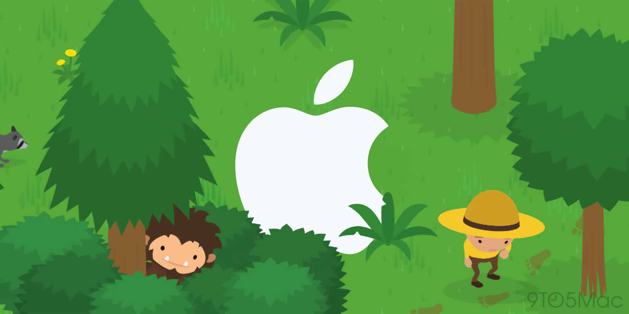 En illustration med en Apple-logga i mitten, omgivet av gröna träd, buskar och två glada barn i en skogsmiljö, perfekt för att främja tekniska och naturrelaterade aktiviteter.