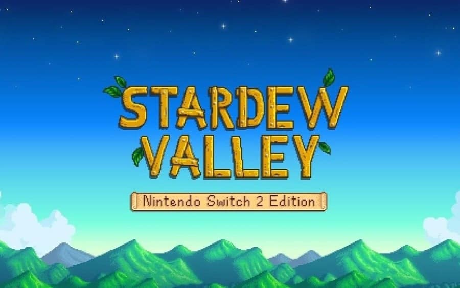 Detaljerad bild av Stardew Valley på Nintendo Switch 2 Edition, med gröna berg och himmel i bakgrunden, perfekt för spelälskare som söker avkoppling och lantlig jordbruksupplevelse.