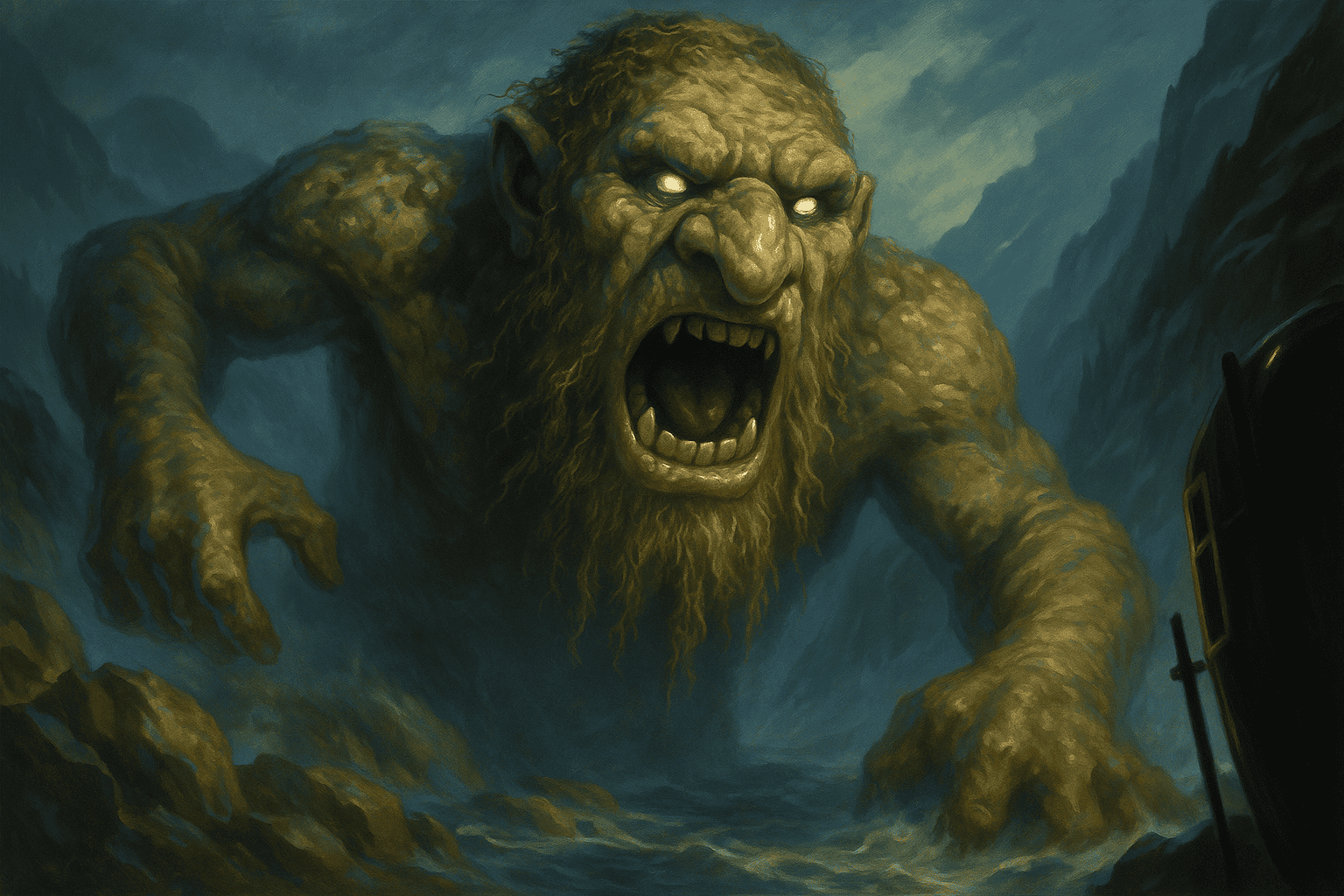 En skräckinjagande trollliknande varelse med rasande uttryck, stort kropp och jätteklor i en mörk, dramatisk landskapsbild.