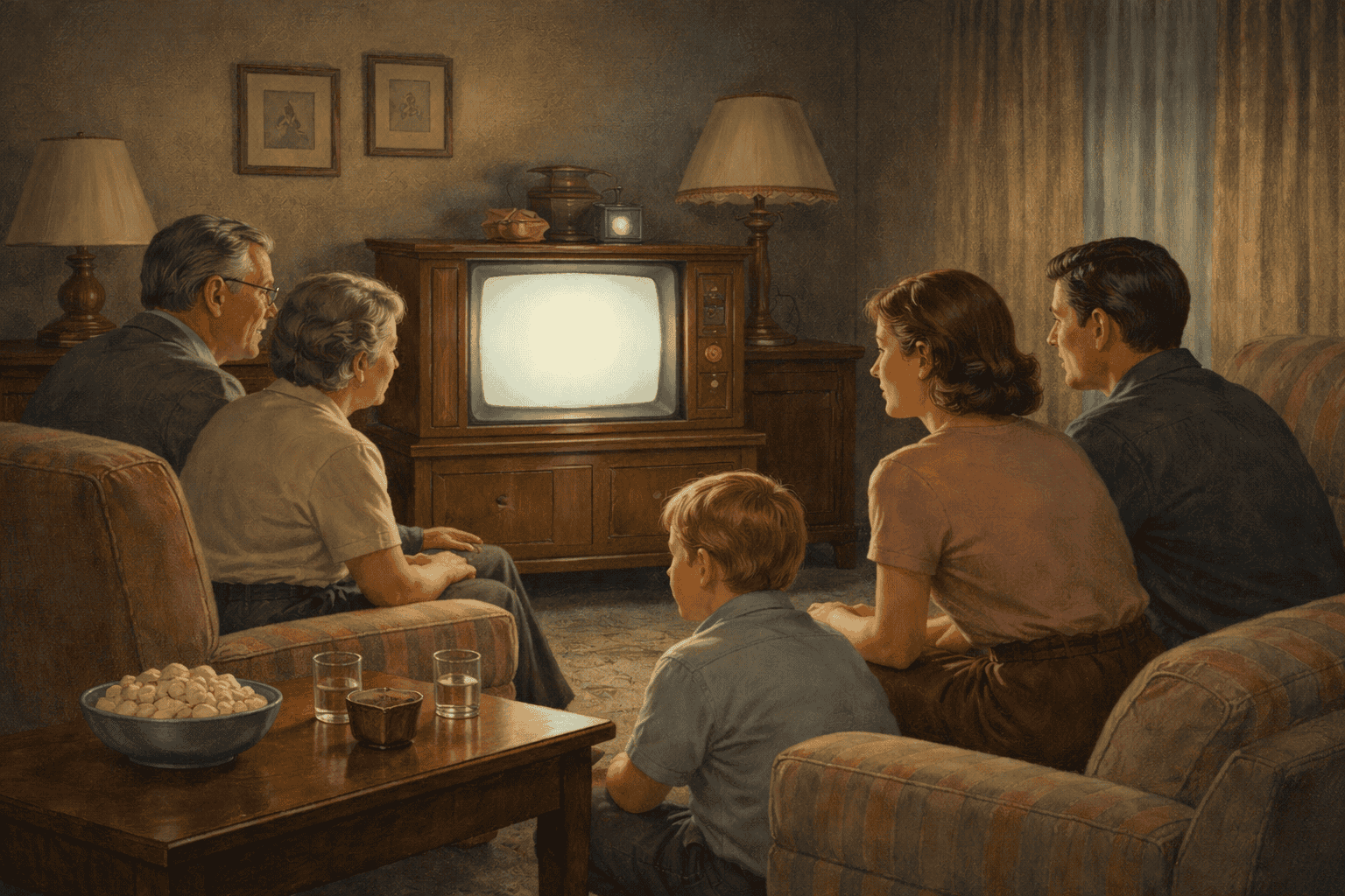 Vintage TV-upplevelse för familj framför en gammal svartvit TV i ett mysigt vardagsrum med retro-inredning.