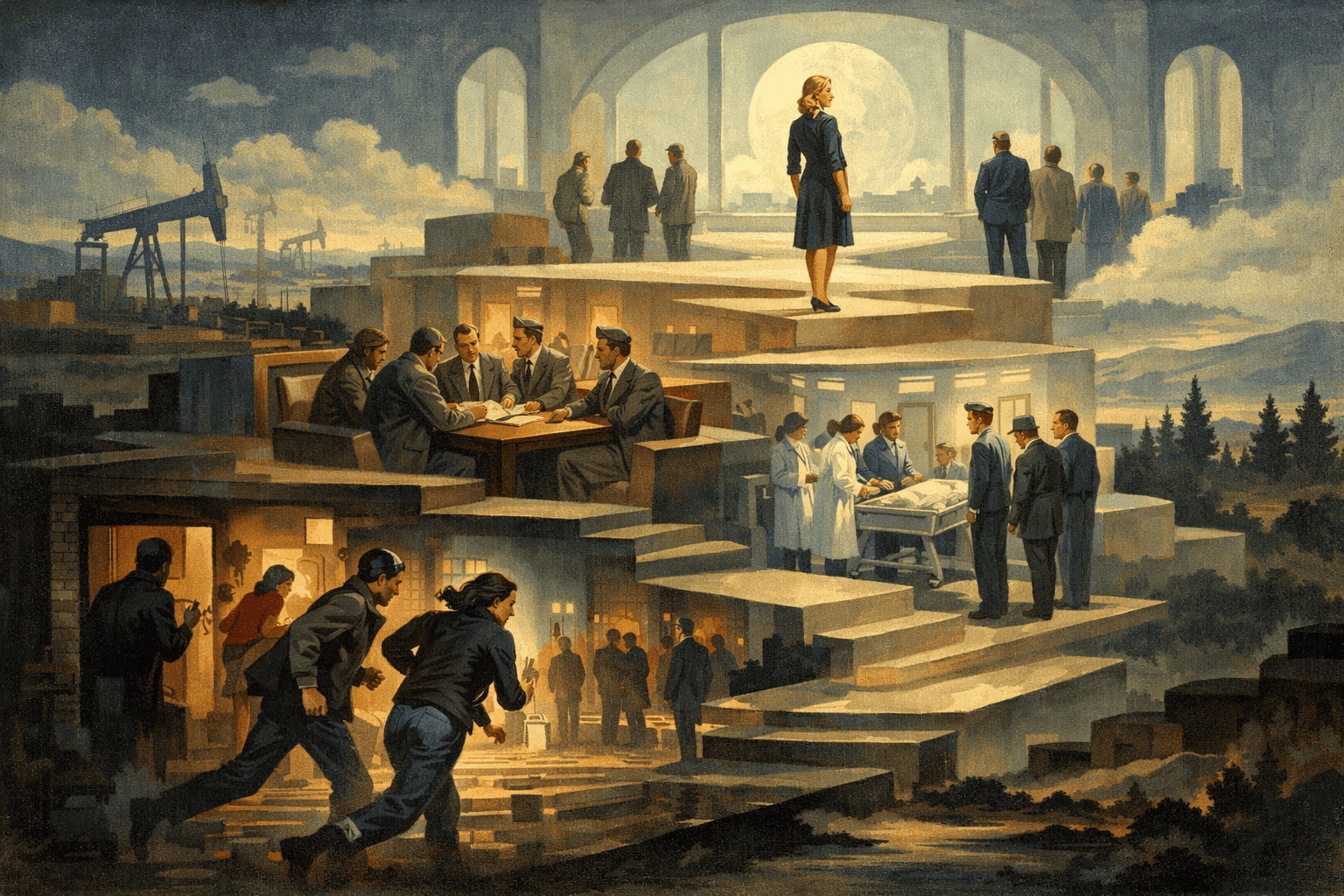 En konstnärlig tolkning av samhällsutveckling och historiska framsteg i stil av sovjetisk realism, med fokus på industri, hälsovård och arbete. Bilden speglar arbetares och professionellas insatser i ett futuristiskt samhälle, med symboler för kollektivism och framsteg. Perfekt för SEO inom koncept som industri, historia, samhällsutveckling och framtidsvisioner.