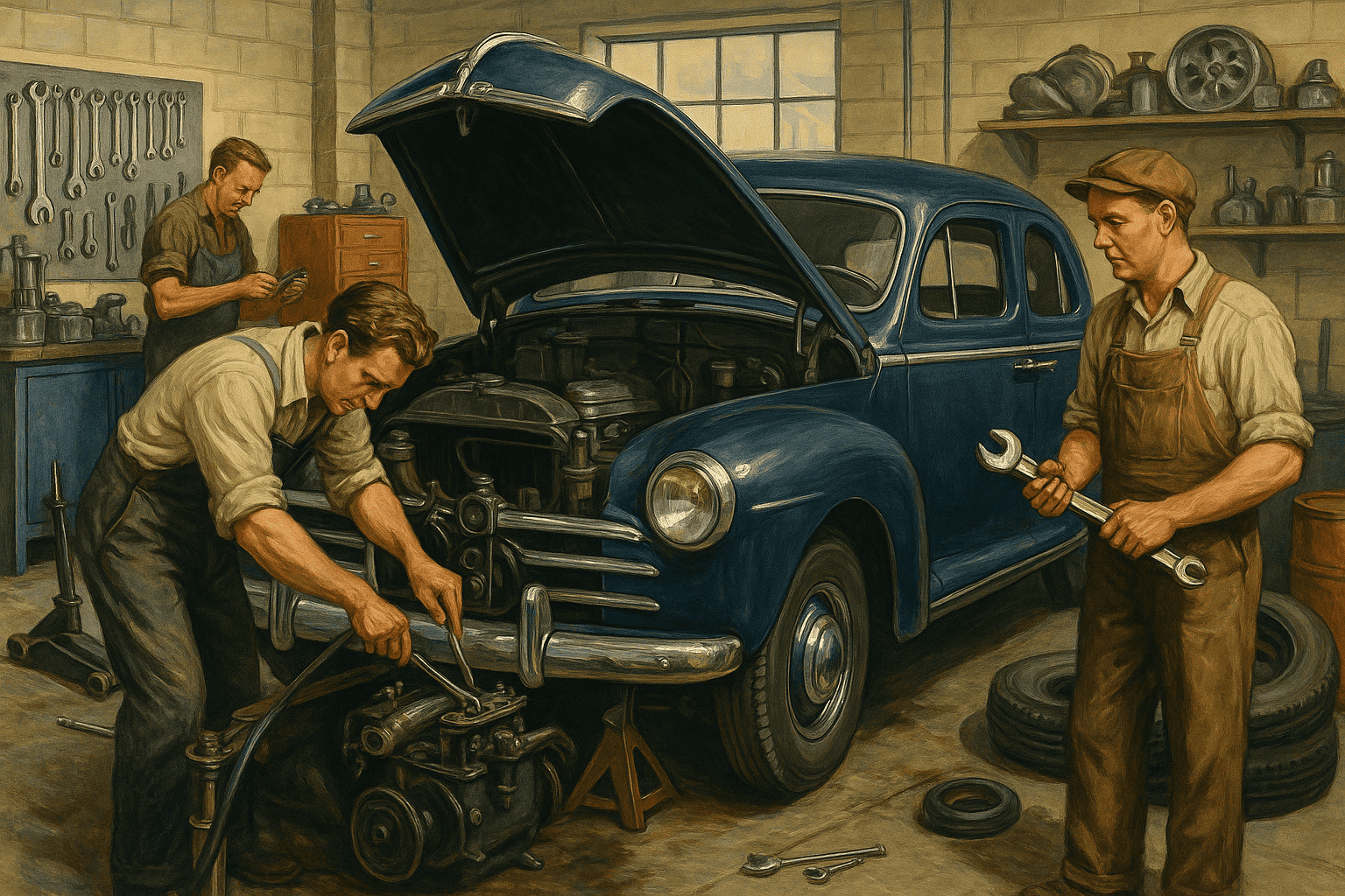 Detaljerad bild av reparatör i verkstad som arbetar på bilmotor, med en kollega som håller en stor skiftnyckel, omgivna av verktyg och gamla bildäck.