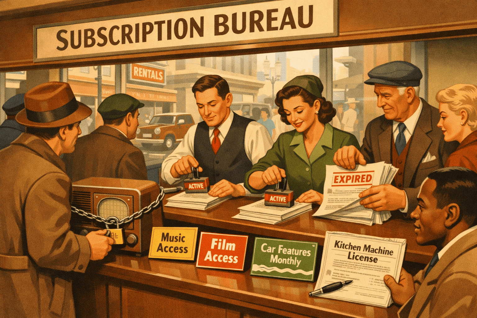 Kassörskassa i en butik med vintage-stil, där kunder betalar för abonnemang och tjänster, med skyltar som visar musik, film, bilfunktioner och köksmaskiner - retrodesign, service och prenumerationer.